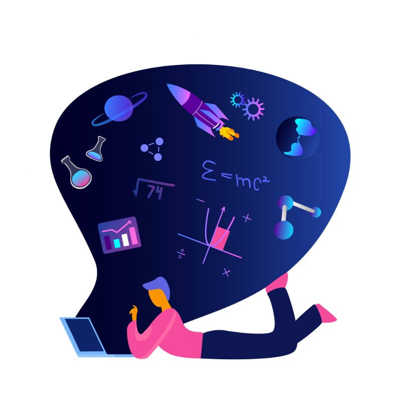 illustration of boy studying different science subjects